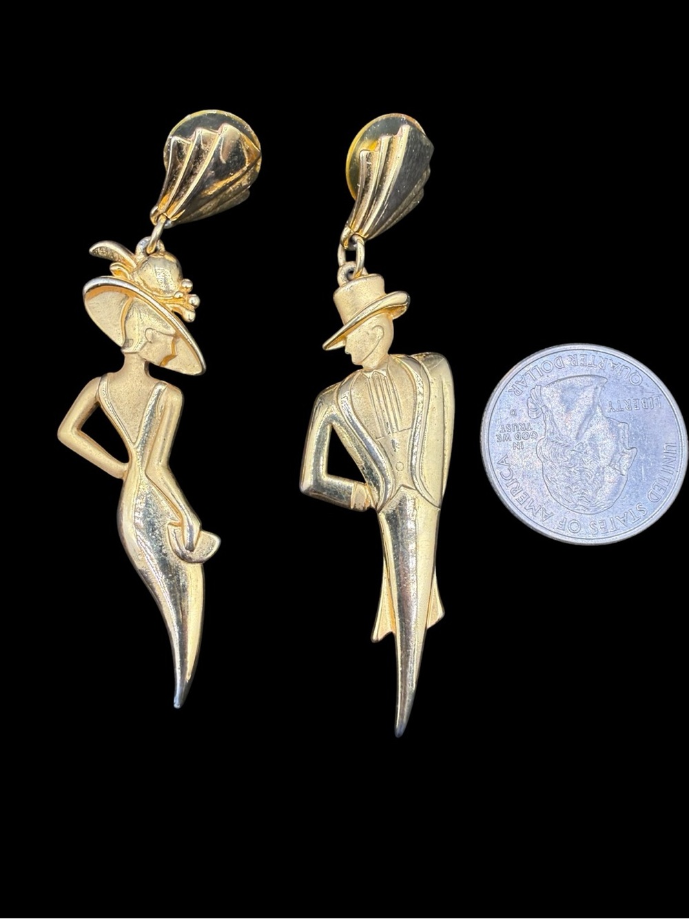 Vintage Jonette Jewelry Gold-Tone Art Deco Couple Drop Earrings - Picture 5 of 6